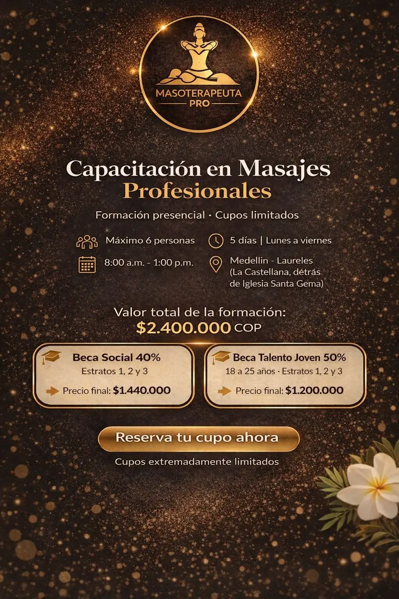 Lista de Precios 2026, becas y descuentos de los cursos de Masajes en Medellin