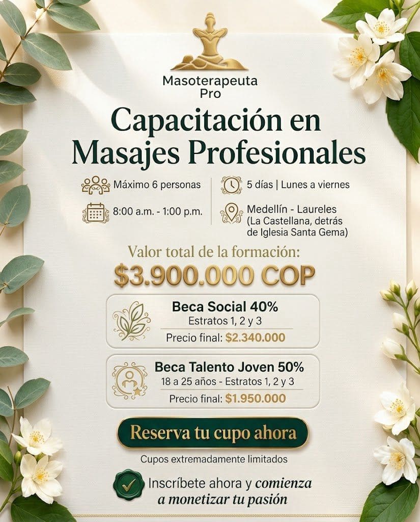Lista de Precios AGOSTO 2026, becas y descuentos de los cursos de Masajes en Medellin